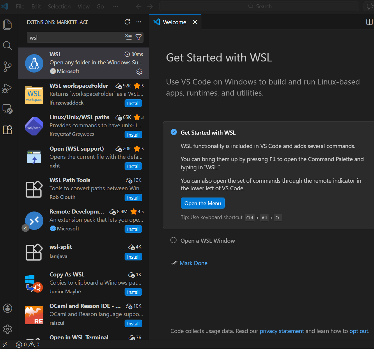 VS Code 连接 WSL 的入口